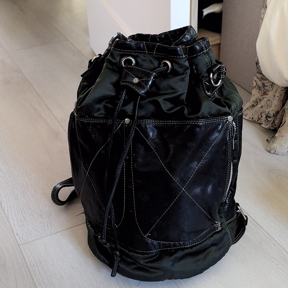 XL Rugby Green Nylon Black Leather Backpack Rucksack Travel Shoulder Bag